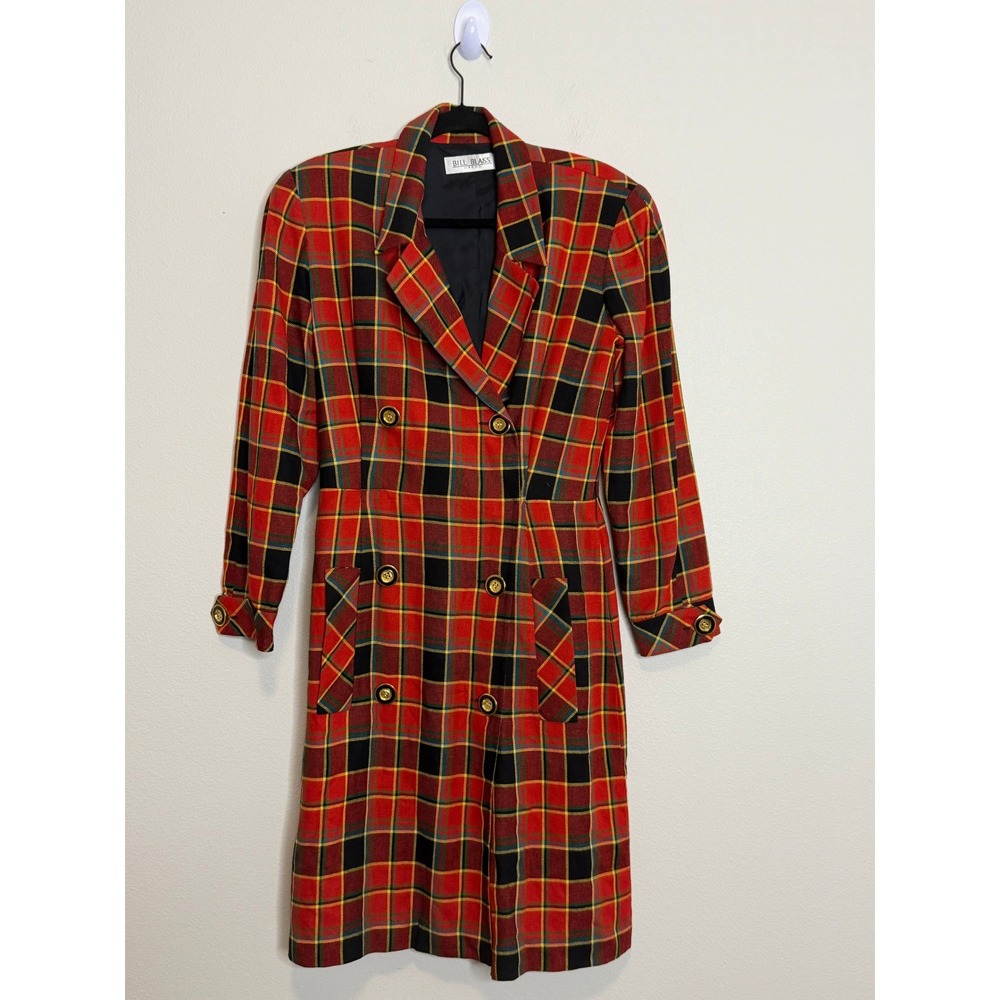 Bill Blass Vintage Red Plaid Blazer Dress Double Breasted Linen Blend Size 10
